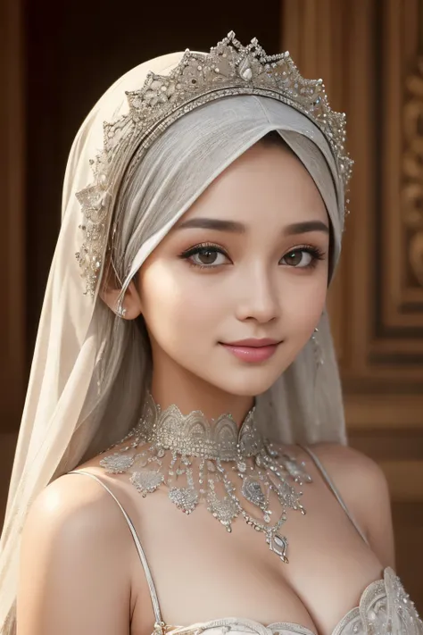 lizzy, silver, cleavage, hijabi, Absurd, ultra-detailed, high quality, masterpiece, detailed face, beautiful eyes(detailed eyes), javanese, gentle and graceful, face exudes warmth and kindness, eyes described as soft and comforting, gentle and steady gaze,...