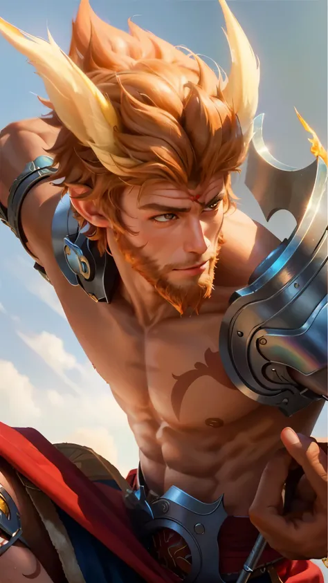 (best quality, ultra-detailed, realistic, vivid colors), portrait, close-up, 1boy, Sun Wukong, Wukong, monkey king, brown hair, detailed eyes, detailed lips, Artgerm style, high detail scene, warm color tone, soft lighting