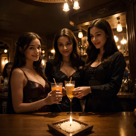 Generate an image of three women smiling, appearing to enjoy cocktails in a nighttime bar setting, with an ambiance inspired by the magical world of Harry Potter. The women are elegantly dressed, and the scene is lit by soft lights emanating from magic wan...