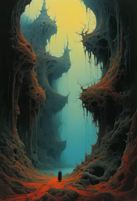 A dark, cavernous underworld filled with intricate, surreal landscapes where Mandelbrot patterns intertwine with bizarre organic structures style of Zdzislaw Beksinski