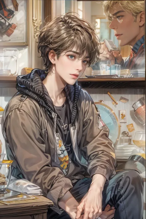 (masterpiece, best quality, close-up) character from highschool musical, handsome boy, anime eyes with short hair, stylish clothes , modern home interior details