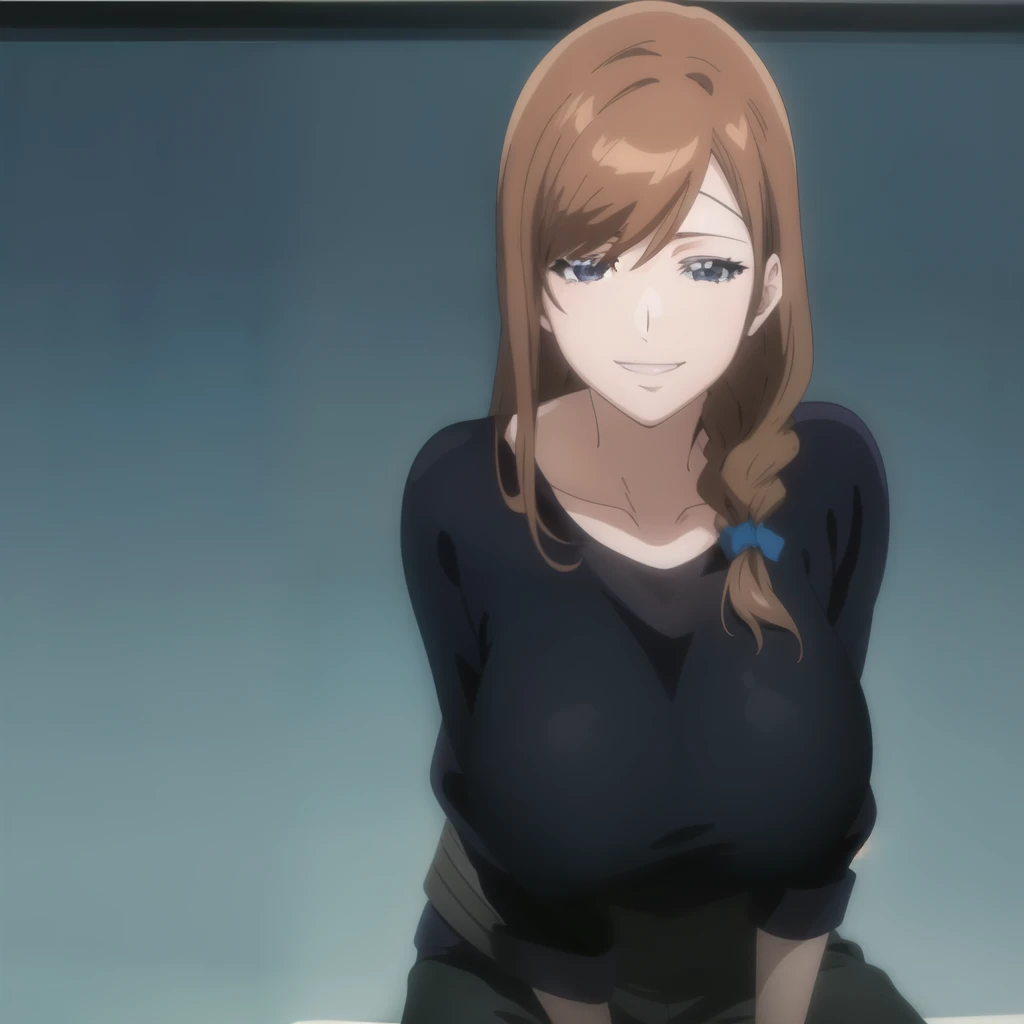 Anime girl with long brown hair and black top sitting on a blue surface., oppai, chica anime seductora, arte cg anime suave, grueso, con pechos grandes, anya from the spy family x, pechos grandes!, pose casual, ella teta, marin kitagawa fan art, atuendo re...