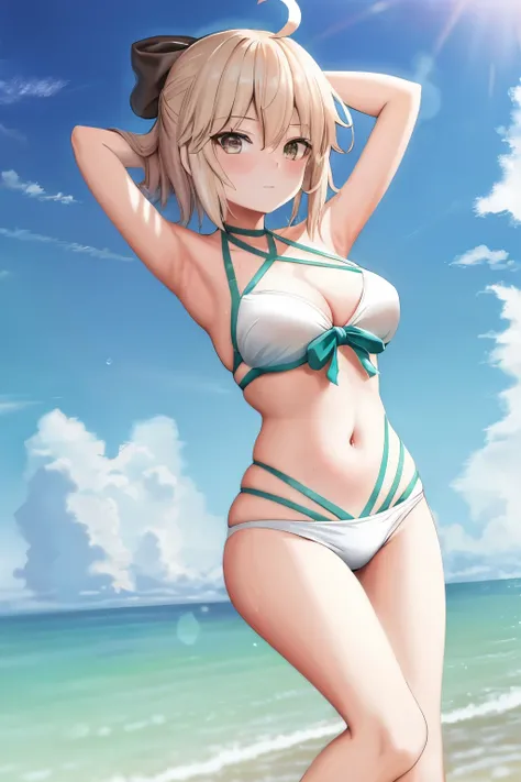 masterpiece, best quality,extremely detailed CG unity 8k wallpaper,
1girl,okita souji (fate), swimsuit,bikini,
 