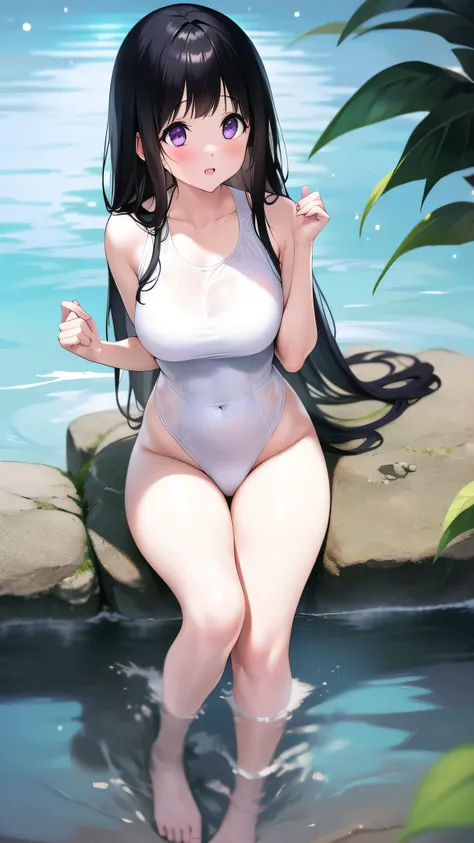 The stunning Chitanda Eru, purple eyes, black hair, Naturally straight hair, straight bangs, extremely refined, a girl，long hair，Peerless beautiful girl, swim，Slim，soft, (Sensual), (kawaii), dream quality, White translucent swimsuit，white swimsuit，The swim...