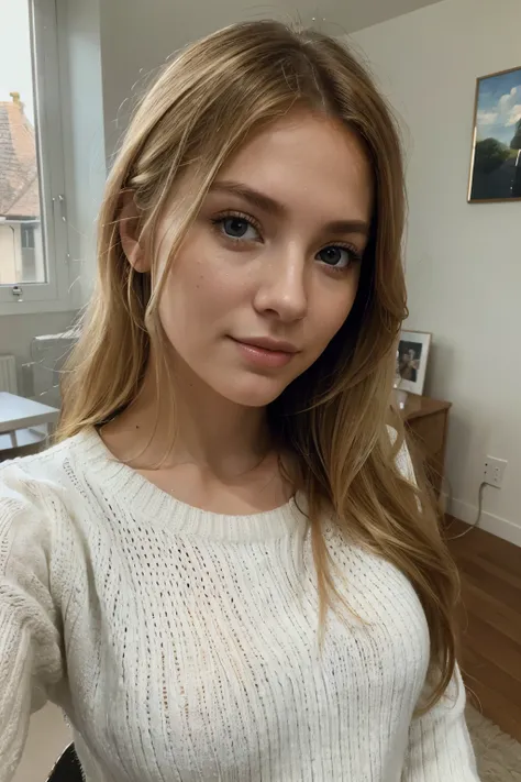 masterpiece, best quality, high resolution, closeup portrait, blonde girl taking a selfie using an iPhone camera, solo focus, skinny, in a beautiful home, wearing a white sweater, amazing composition, front view, HDR, ultra quality, elegant, highly detaile...