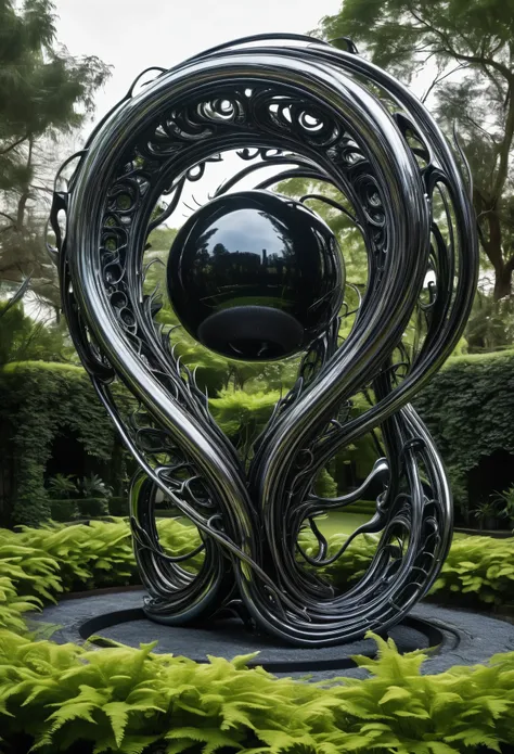 A surreal garden filled with pulsating quantum flowers, where fractal vines twist and turn around metallic sculptures that seem to defy the laws of physics style of HR Giger