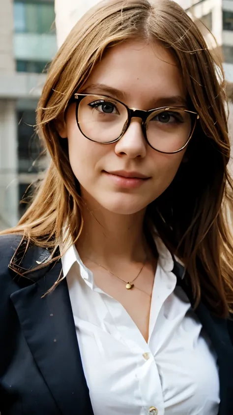 Blonde girl with glasses, in a business suit, nice woman