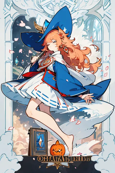 best quality,high resolution,masterpiece,
1girl,white long hair,blue eyes,wavy mouth,witch hat,crystal_earrings,(miko:1.2),pumpkin_hair_ornament,(brooch1.1),blue_bow,barefoot,bare legs,yume kawaii,beautiful,cute,
annoyed,wavy mouth,one eye closed,(adjustin...