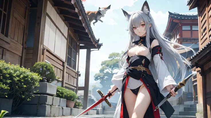 lily、gray hair、Fox、warrior、shrine、long hair、red eyes、small breasts、highest quality、He has a sword at his waist.