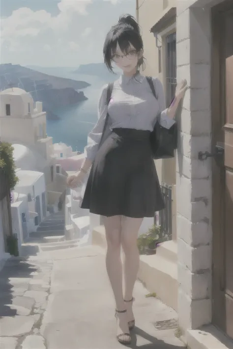 ((wide angle, full body)) Beautiful female tourist, black hair tied in a ponytail, bangs, wearing large glasses, smiling at the corners of the mouth, ((wearing a preppy style outfit)) morning light, Santorini, Greece