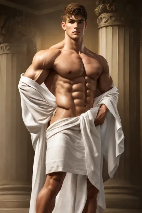 Portrait of a beautiful boy of 17 years, he holds a balance, justice, studio, light brown hair, almond-shaped eyes, bodybuilder, naked torso, white Roman toga, face with European features, fine facial features, beautiful body, sculpture-like body Greek, fu...