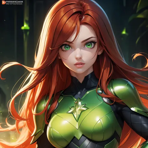 ((Masterpiece)) ((Perfect Face)) ((Beautiful)) ((Small Breasts)) ((portrait)) ((Wide Hips)) ((Broad Shoulders)) ((Powerful physique)) ((black and green Super Hero Armor)) ((Super Powers)) ((Long Hair)) ((auburn Hair)) ((Pale Skin)) ((Glowing green Eyes)) (...