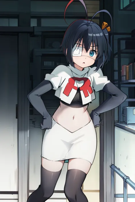 ph rikka, 1girl, :o, jacket, blazer, aqua eyes,team rocket,team rocket uniform, red letter R, white skirt,white crop top,black thigh-highs,black elbow gloves