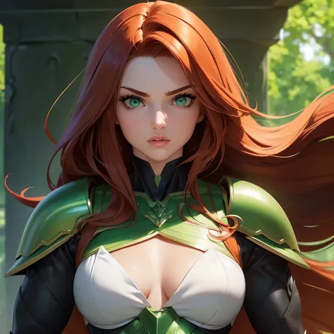 ((Masterpiece)) ((Perfect Face)) ((Beautiful)) ((Small Breasts)) ((portrait)) ((Wide Hips)) ((Broad Shoulders)) ((Powerful physique)) ((black and green Super Hero Armor)) ((Super Powers)) ((Long Hair)) ((auburn Hair)) ((Pale Skin)) ((Glowing green Eyes)) (...