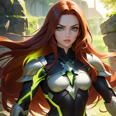 ((Masterpiece)) ((Perfect Face)) ((Beautiful)) ((Small Breasts)) ((portrait)) ((Wide Hips)) ((Broad Shoulders)) ((Powerful physique)) ((black and green Super Hero Armor)) ((Super Powers)) ((Long Hair)) ((auburn Hair)) ((Pale Skin)) ((Glowing green Eyes)) (...