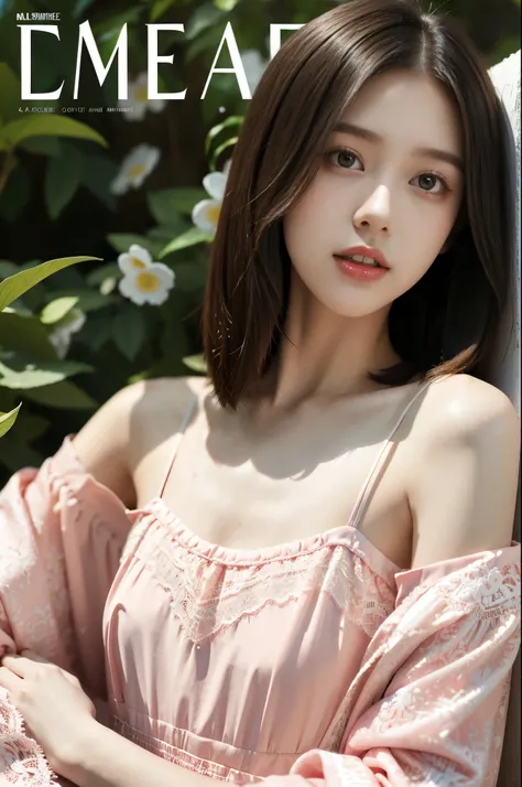 Masterpiece, Best quality, spring,a girl,solo,shoulder length straight bob hair, Colorful titles fonts,  Outdoor,lace,female pajama dress Magazine Cover ,Upper body,slim,flat chests,small breasts