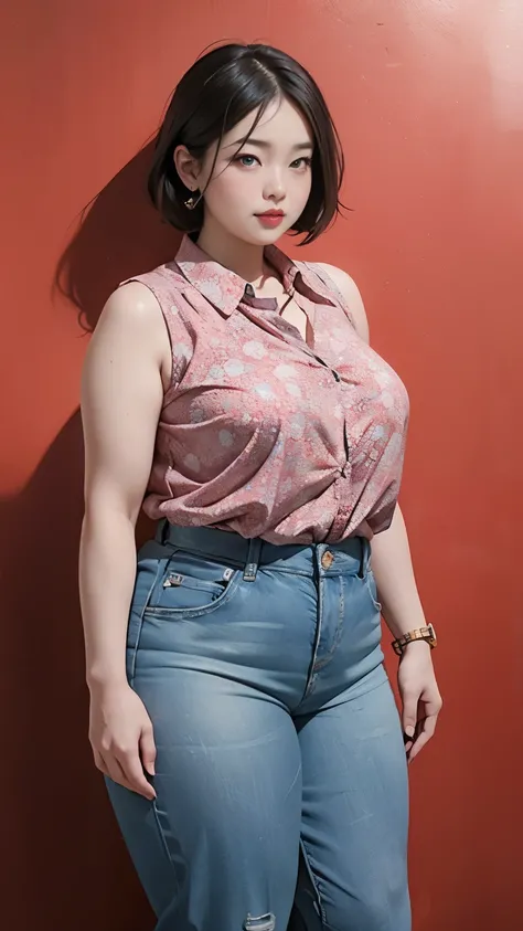 ((中景 the scene is，A full body))1 girl, Obese body, generous dimensions, face round, double chin, Overweight,Short hair tied up ,Sleeveless blue and red floral shirt，Highlight the breasts，Put her weight on her stomach，looks into camera，black room background...