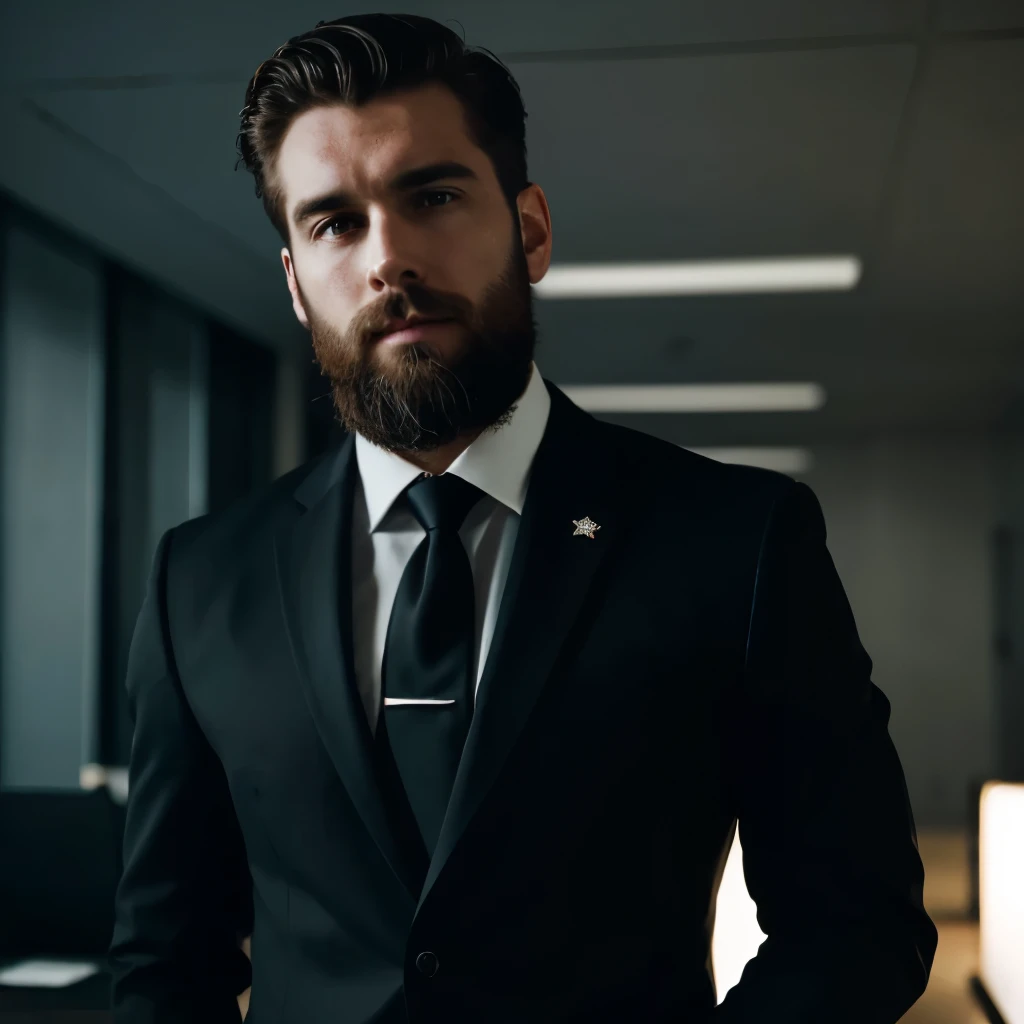 Handsome bearded man in a black suit and tie. American flag pin on lapel. In dark office with offset light