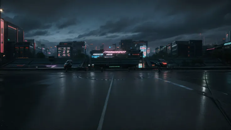 futuristic city with neon lights and neon signs in the rain, cyberpunk garage on jupiter, hyper realistic cyberpunk city, theme ...