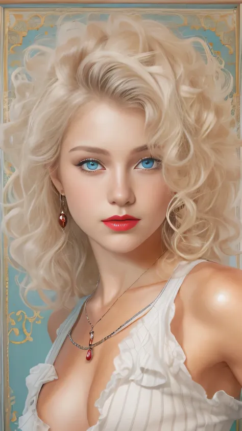 (Head-to-Thigh Portrait) Beautiful 11 y pre-pubescent, her nipples are firm pressing against the sheer sleeveless string strap tank top, ((small breasts)), nice cleavage, narrow hips, blue eyes, red lipstick, platinum blonde soft curls.