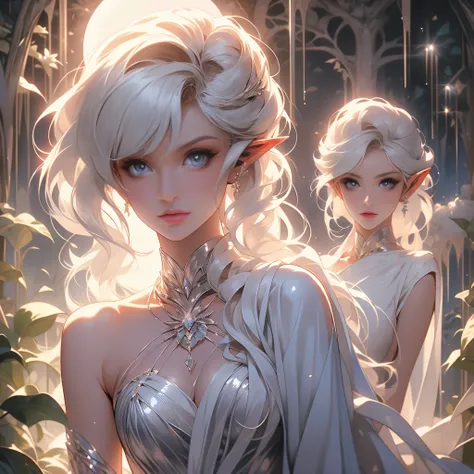 (A moon elf grat resembling Paris Hilton, with platinum hair and eyes, wearing translucent billowing silks), moves seductively through a haunted woods filled with spider webs, moonlit