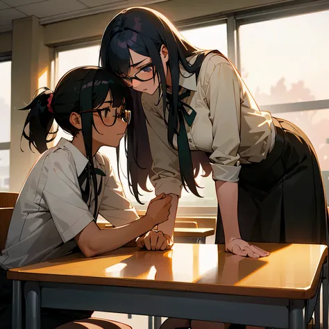 classroom at dusk　High school women are facing each other　plain woman with glasses　He has his hair tied back and is short.　Active women　tall and hairy　black hair straight　lesbian　erotic