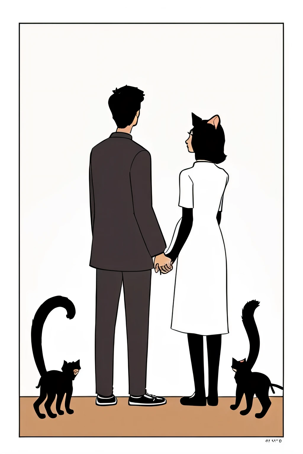 PLease draw a simplistic illustration, featuring a man and a woman holding hands, standing confidently together with two ((friendly cats)), one walking towards them and another sitting calmly on the ground, all framed against a simple yet elegant (white ba...