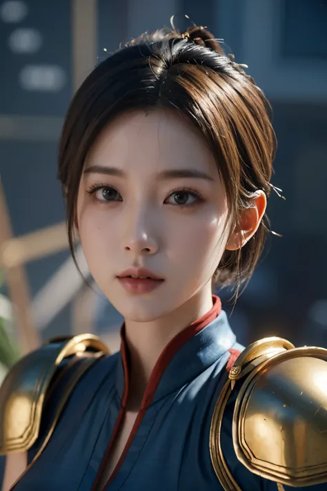 Masterpiece,Game art,The best picture quality,Highest resolution,8K,(Portrait:1.5),Unreal Engine 5 rendering works,(Digital Photography),
Girl,Beautiful pupil,(Gradual short hair is blue and red),Busty,(Big breasts),
(A female general in the ancient fantas...