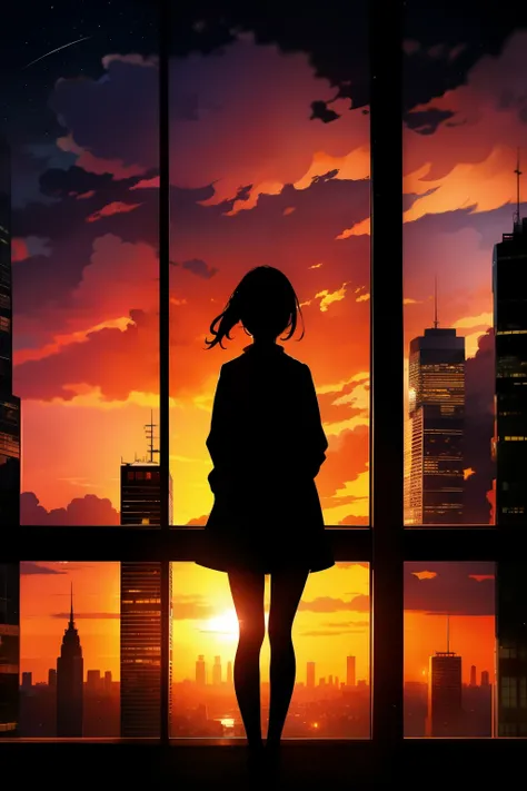 anime, (silhouette),1girl, star (sky), cloud, cityscape, building, city, outdoors, skyscraper, city lights, night, night sky, sunset, skyline