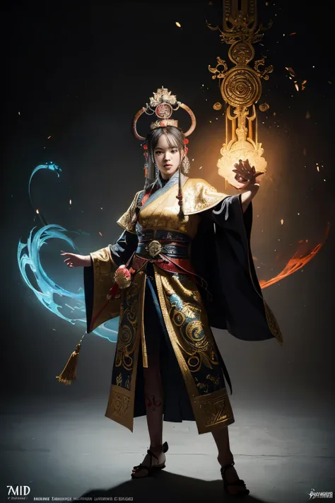 stunning Full Length Shot of a shaman wizard in a Chinese ancient theme, with cattle anthropomorphism surrounding him, dressed in intricately designed robes and holding an ancient scroll. This highly detailed work of art is brought to life through the use ...