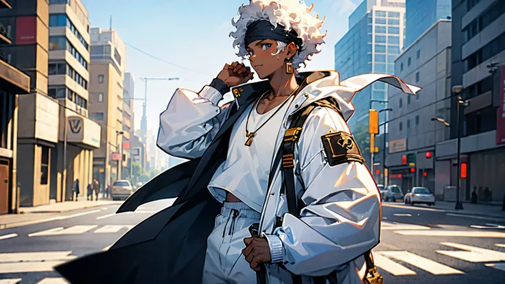 1male, young, dark skin, cream afro, white headband, earrings, louis vuitton bag over shoulder, white shirt, beigetechwear jacket, black sweatpants, confident, city, street