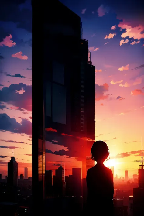 anime, (silhouette),1girl, star (sky), cloud, cityscape, building, city, outdoors, skyscraper, city lights, night, night sky, sunset, skyline