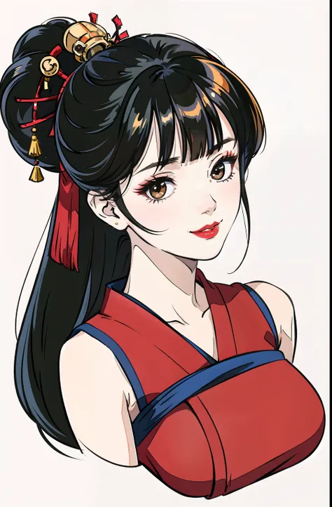 Masterpiece, superlative, , perfect breasts, red lip gaze, seductive smile, sexy, blunt bangs, high ponytail, simple background, geisha, illustration drawing