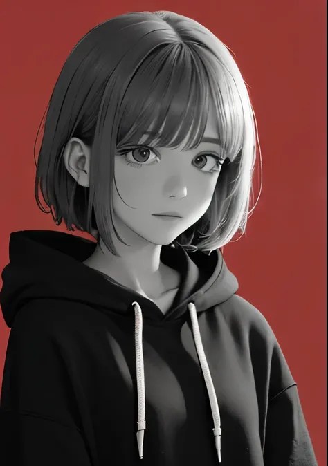 highest quality, masterpiece,4k 8k wallpaper, 1 girl, short hair, hairpin, hoodie, ((())),  (((monochrome:1))), red background, ((looks embarrassed)), looking at the viewer, shining eyes, glow eyes, Half body