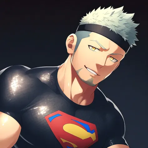 anime characters：Guy, priapus, 1 young muscular man, male focus, Sporty black headband, Gray-red turtleneck tight-fitting Superman T-shirt, Shiny snakeskin textured T-shirt, muscular male, muscular, only, Upper body, alone, white short hair, stubble, yello...