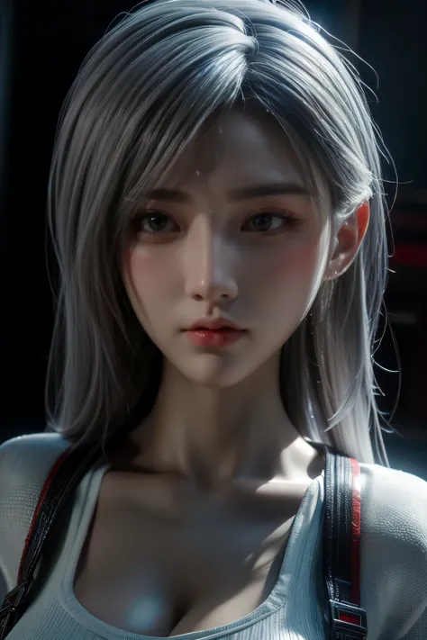 Masterpiece,Game art,The best picture quality,Highest resolution,8K,(A bust photograph),(Portrait),(Head close-up),(Rule of thirds),Unreal Engine 5 rendering works,
20 year old girl,Short hair details,With long bangs,(white hair),red eyes,Elegant and elega...