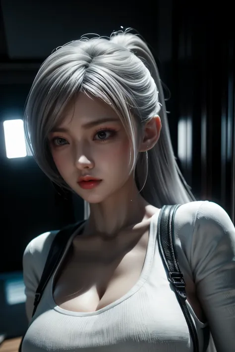 Masterpiece,Game art,The best picture quality,Highest resolution,8K,(A bust photograph),(Portrait),(Head close-up),(Rule of thirds),Unreal Engine 5 rendering works,
20 year old girl,Short hair details,With long bangs,(white hair),red eyes,Elegant and elega...