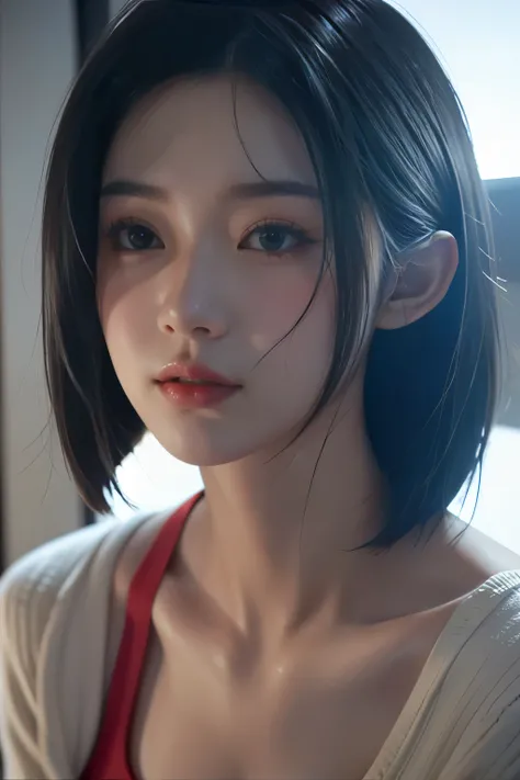 Masterpiece,Game art,The best picture quality,Highest resolution,8K,(A bust photograph),(Portrait),(Head close-up),(Rule of thirds),Unreal Engine 5 rendering works,
20 year old girl,Short hair details,With long bangs,(white hair),red eyes,Elegant and elega...