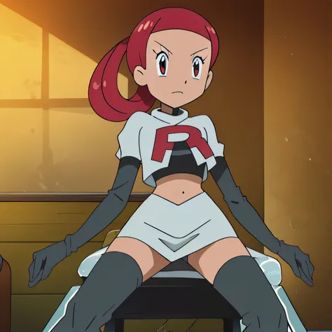 (best quality, 4k, 8k, highres, masterpiece:1.2), team rocket uniform, red letter R, white skirt, white crop top, black thigh-high boots, black elbow gloves, spread legs, black panties, anime style, vivid colors, sharp focus, intense lighting