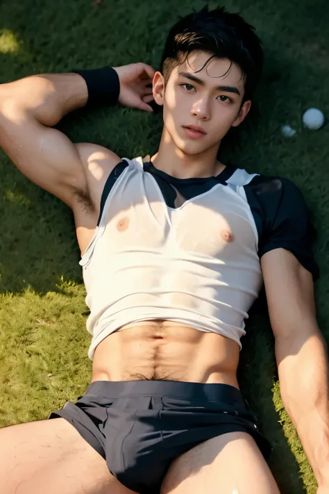 lying down on the sports field, sleeping, Sport sleeveless shirt, Very sunny day, very wet body, Hairy stomatch, very hairy abs, Very bushy hairy armpits, hairy pubic, hairy crotch, white sleeveless shirt, Super Realistic photography, PROUDLY SHOWING OFF H...