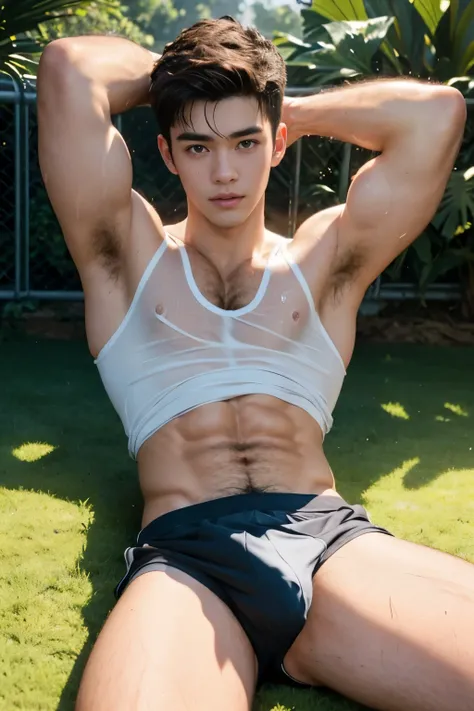 lying down on the field, sleeping, Sport sleeveless shirt, Very sunny day, very wet body, Hairy stomatch, very hairy abs, Very bushy hairy armpits, hairy pubic, hairy crotch, white sleeveless shirt, Super Realistic photography, PROUDLY SHOWING OFF HIS BODY...