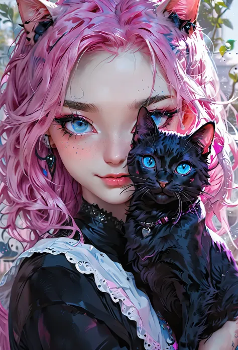 girl with cat, black cat, pink hair blue eyes, avatar