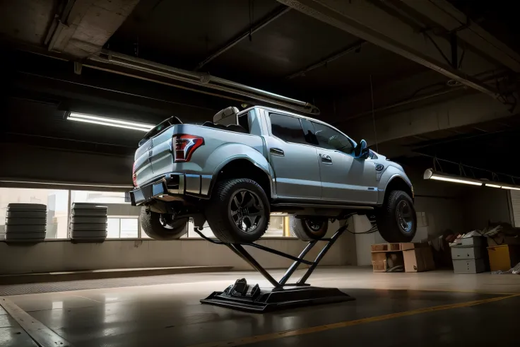 the car on the scissors in the garage was replaced by a ford f150，there is a car on it, surreal”, surreal ”, dynamic angle shoot...