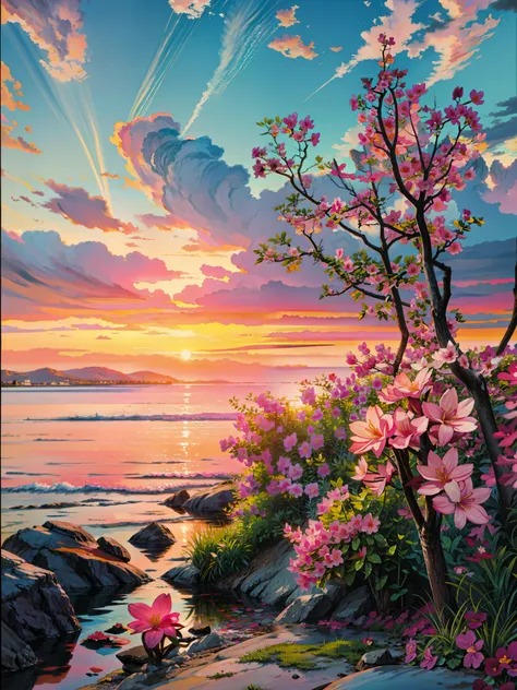 Painting of the sun is setting over a body of water, floral sunset, at sunrise in springtime, magnolias, sunset warm spring, gorgeous romantic sunset,  nature painting, magnolia, pink orange flowers, flowers sea everywhere, explosion of flowers, floral exp...