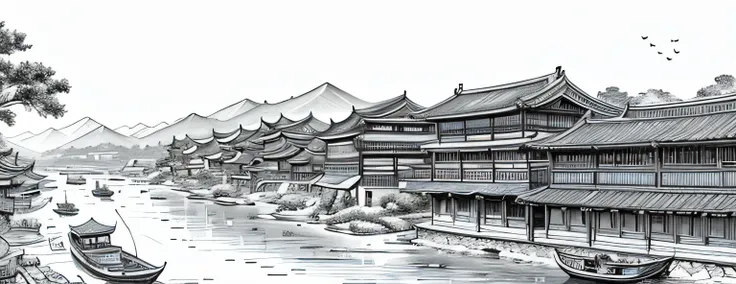 drawing of arafed river with boats and old buildings in it, chinese pen illustration, by Yang Borun, beautiful chinese city, detailed art, very detailed illustration, traditional korean city, by Ni Yuanlu, detailed sumi - e illustrations, detailed sumi-e i...