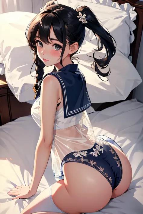 highest quality、High resolution、detailed background、Beautiful and dense face、beautiful and smooth skin、肌の質感 10代のcute美少女、braided twin tails、(huge breasts:1.2)、(big ass:1.2)、realistic、perfect body line、Floral embroidered panties、No bra、luxury hotel、on a wide...