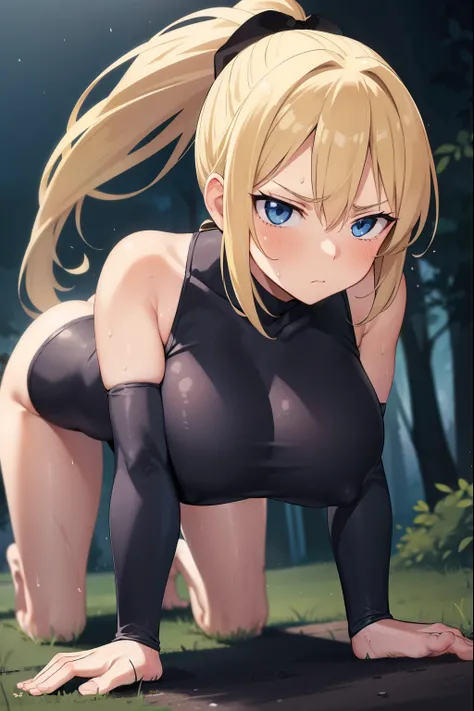 1 girl,blonde,ponytail,blue eyes,big breasts,serious face,black leotard,high leg cut,barefoot,blush,Sweat,forest,night,crawl on all fours,