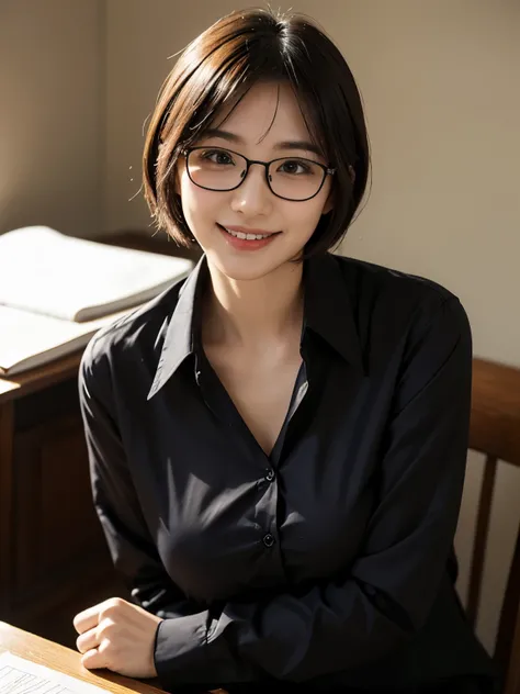 ((masterpiece))、((highest quality))、photograph、reality、High level image quality、Super detailed、Japanese、Unmarried women、30 years old、short hair、Realistic background and accessories、glasses、no makeup、((big and soft breasts))、chest bulge、thighs、sexy smile、ca...