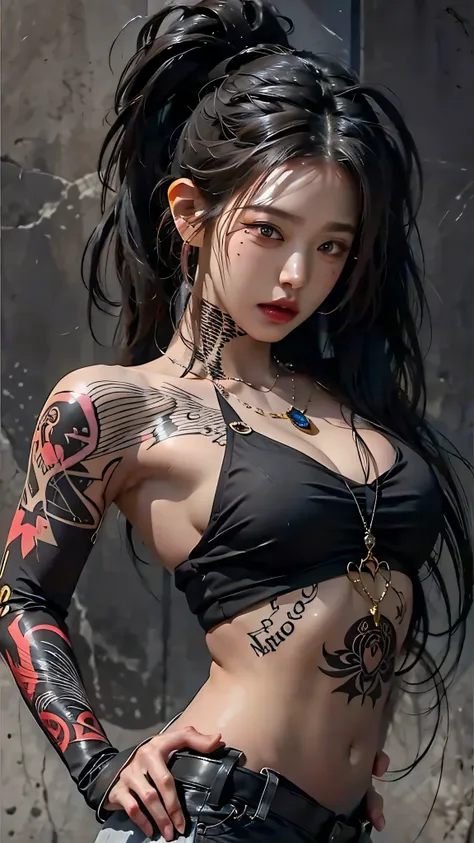 photorealistic, high resolution, soft light,1women, solo, hips up, (detailed face), jewelry, tattoo,black mafia clothing, ponytail hairstyle, black hair, super long hair, looking viewers, tatto, messy hair, close up, small breast, adult