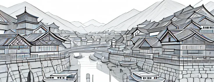 black and white drawing of a river with boats and buildings in it, cg society contest winner, modern european ink painting, chinese brush pen illustration, dreamy chinese town, detailed art, highly detailed illustration, traditional korean city, highly det...